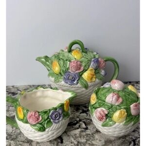 Mary Ann Baker Otagirl Spring Floral Basket Weave Teapot Cream Sugar VTG Easter